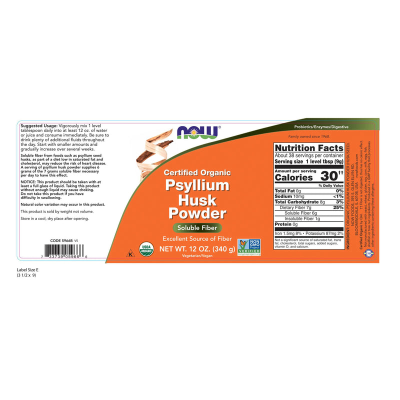 NOW Foods Psyllium Husk Powder Organic 12 oz - DailyVita