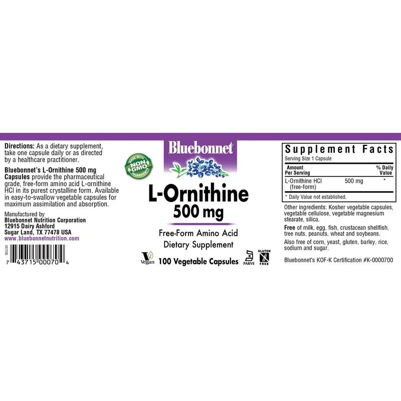 Bluebonnet L-Ornithine 500 mg 100 Veg Capsules - DailyVita