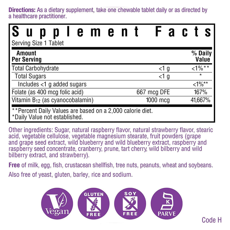 Bluebonnet Earthsweet Chewables Vitamin B-12 & Folic Acid Raspberry 90 Tablets - DailyVita