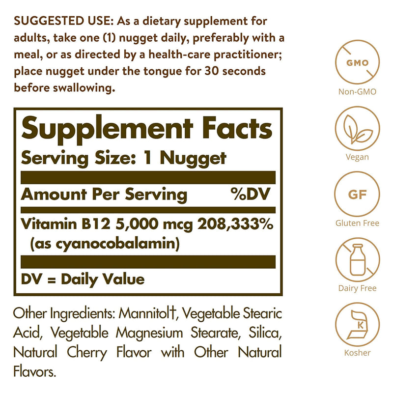 Solgar Vitamin B12 5000 mcg 30 Nuggets - DailyVita