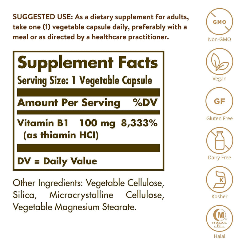 Solgar Vitamin B1 (Thiamin) 100 mg 100 Vegetable Capsules - DailyVita