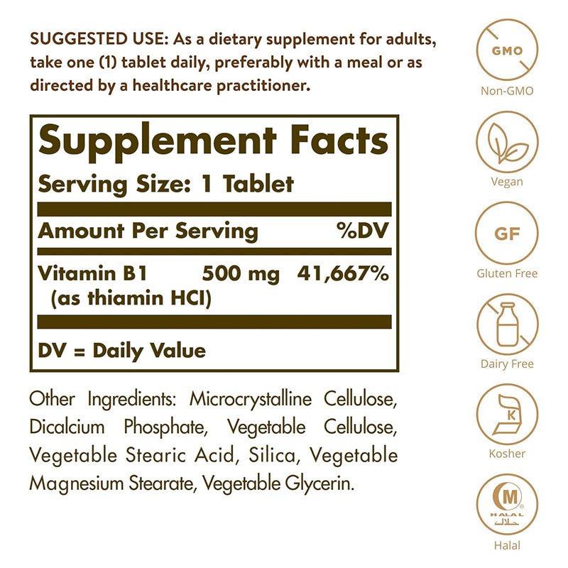 Solgar Vitamin B1 (Thiamin) 500 mg 100 Tablets - DailyVita