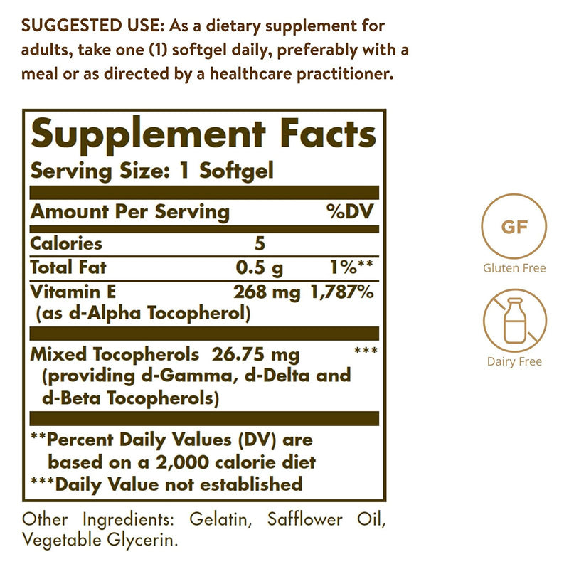 Solgar Vitamin E 268 mg (400 IU) Mixed Softgels (d-Alpha Tocopherol & Mixed Tocopherols) 250 Softgels - DailyVita