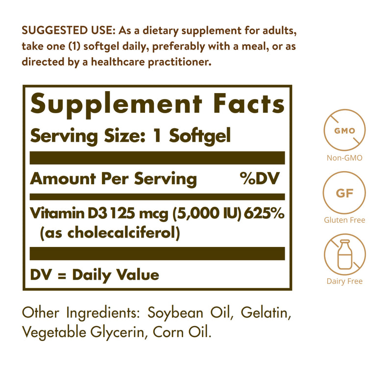Solgar Vitamin D3 (Cholecalciferol) 125 mcg (5,000 IU) 100 Softgels - DailyVita