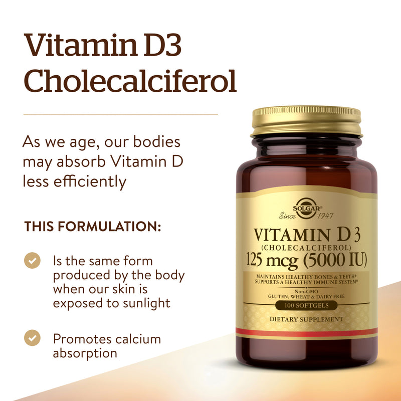 Solgar Vitamin D3 (Cholecalciferol) 125 mcg (5,000 IU) 100 Softgels - DailyVita