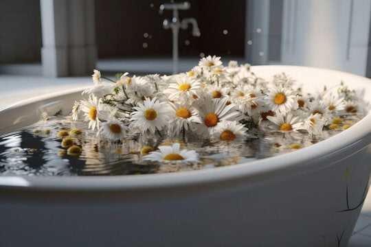 Chamomile flowers in bath tub for sunburn
