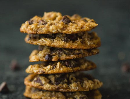 Image of chocolate chip cookies stacked upon each other