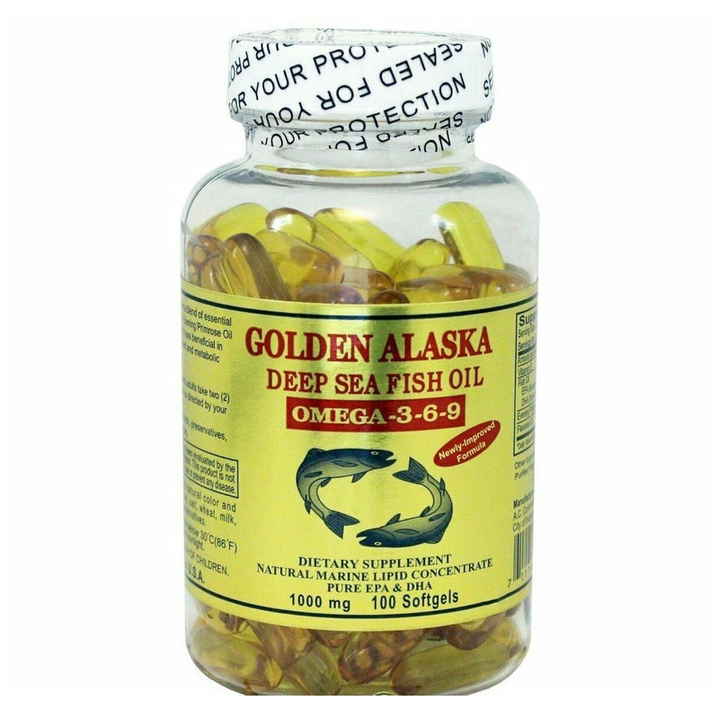 CLEARANCE! Golden Alaska Deep Sea Fish Oil Omega 3,6,9 1000 mg 100 Softgels, Stain or Minor Damage