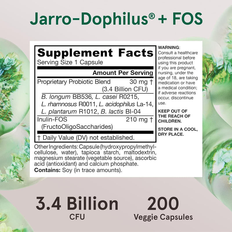 Jarrow Formulas Jarro-Dophilus Plus FOS 3.4 Billion CFU 200 Veggie Caps - DailyVita