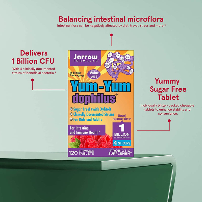 Jarrow Formulas Yum-Yum Dophilus Sugar-Free! Natural Raspberry Flavor 1 Billion Organisms Per 2 Cap 60 Chewable Tablets - DailyVita