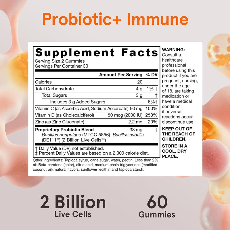 Jarrow Formulas Probiotic+ Immune 2 Billion CFU+ Vitamins C D and Zinc 2 Clinically-Studied Strains 60 gummies - DailyVita