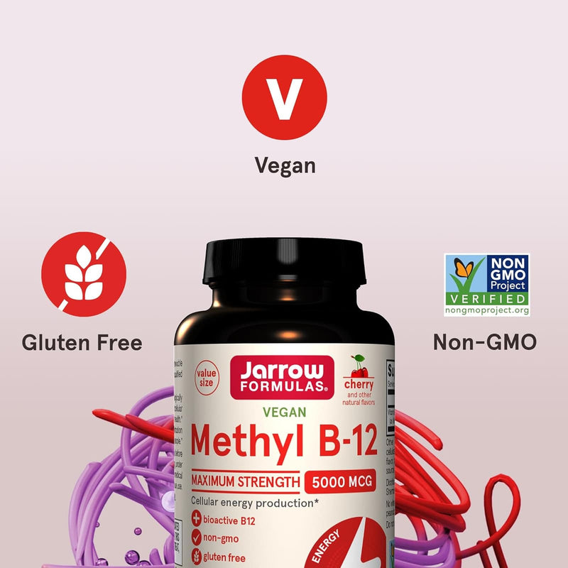 Jarrow Formulas Methyl B-12 Cherry Methylcobalamin 5000 mcg 90 Chewable Tablets - DailyVita