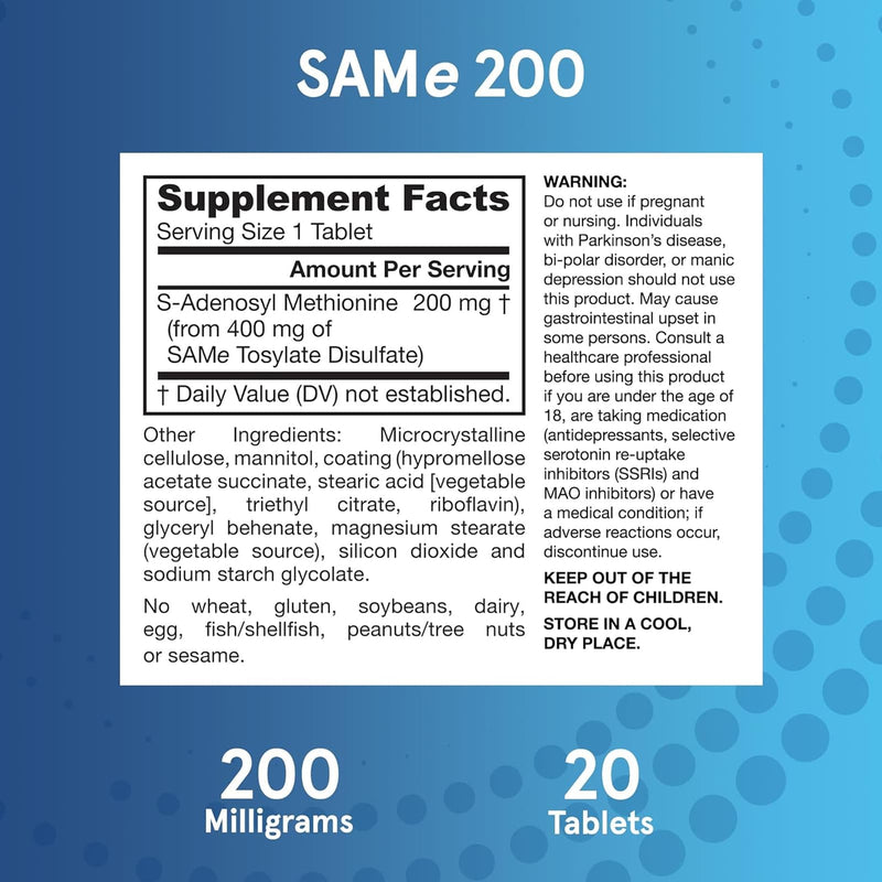 Jarrow Formulas SAMe 200 S-Adenosyl-L-Methionine 200 mg 20 Tablets - DailyVita