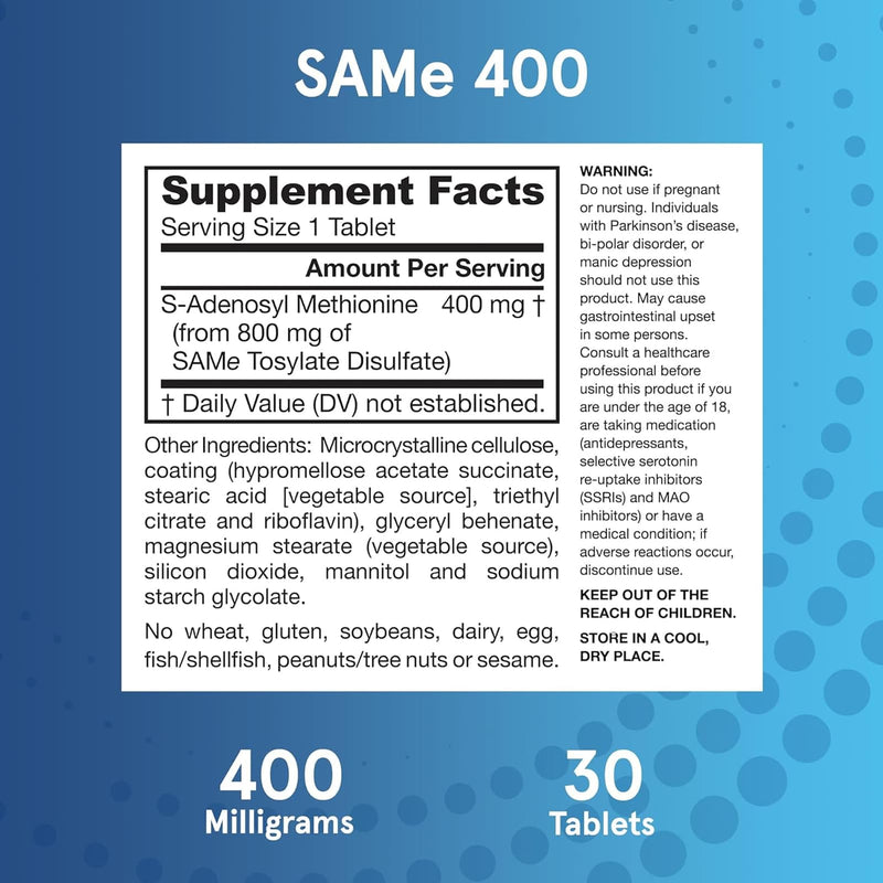 Jarrow Formulas Natural SAM-e (S-Adenosyl-L-Methionine) 400 400 mg 30 Enteric-Coated Tablets - DailyVita