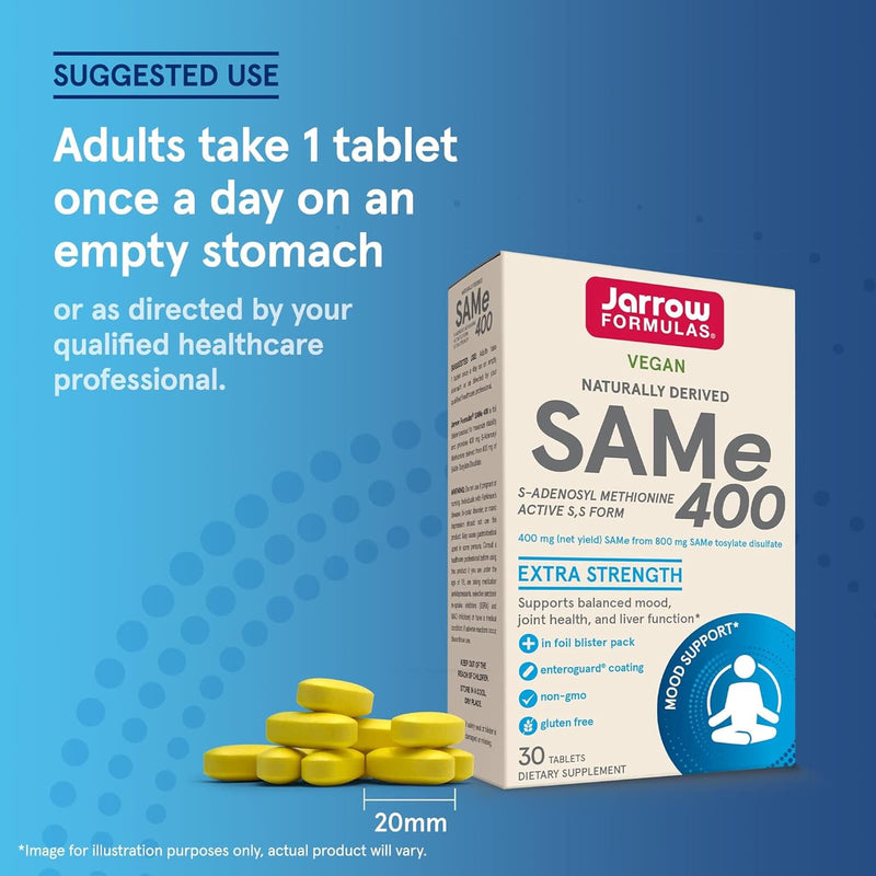 Jarrow Formulas Natural SAM-e (S-Adenosyl-L-Methionine) 400 400 mg 30 Enteric-Coated Tablets - DailyVita