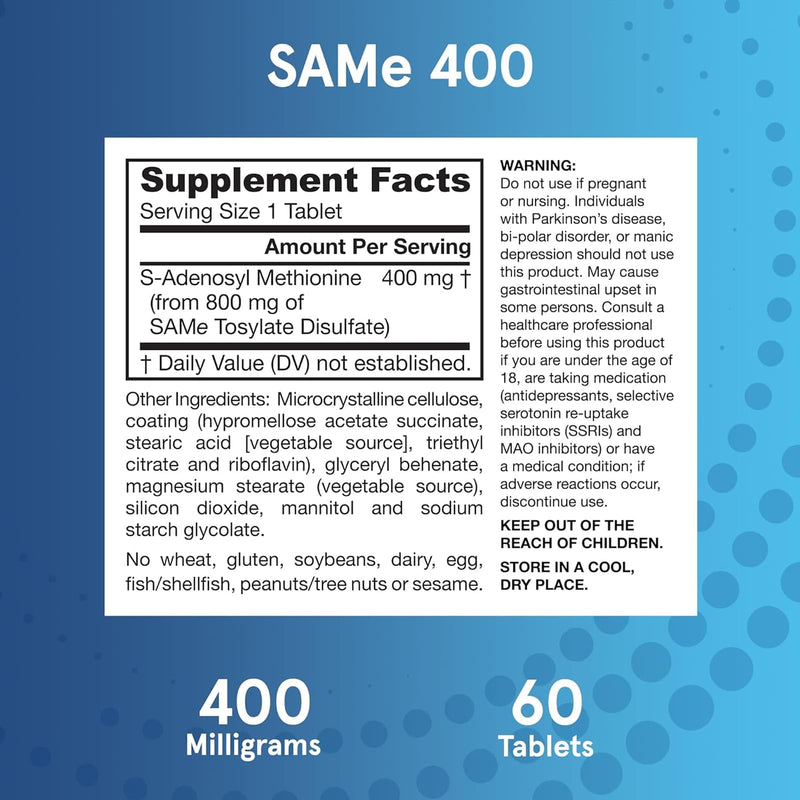 Jarrow Formulas Natural SAMe 400 Full Potency 400 mg 60 Enteric-Coated Tablets - DailyVita
