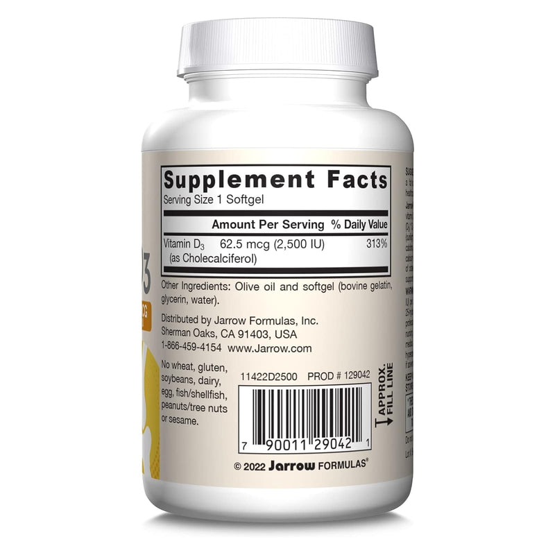 CLEARANCE! Jarrow Formulas Vitamin D3 Cholecalciferol 62.5 mcg (2,500 IU) 100 Softgels, BEST BY 04/2025