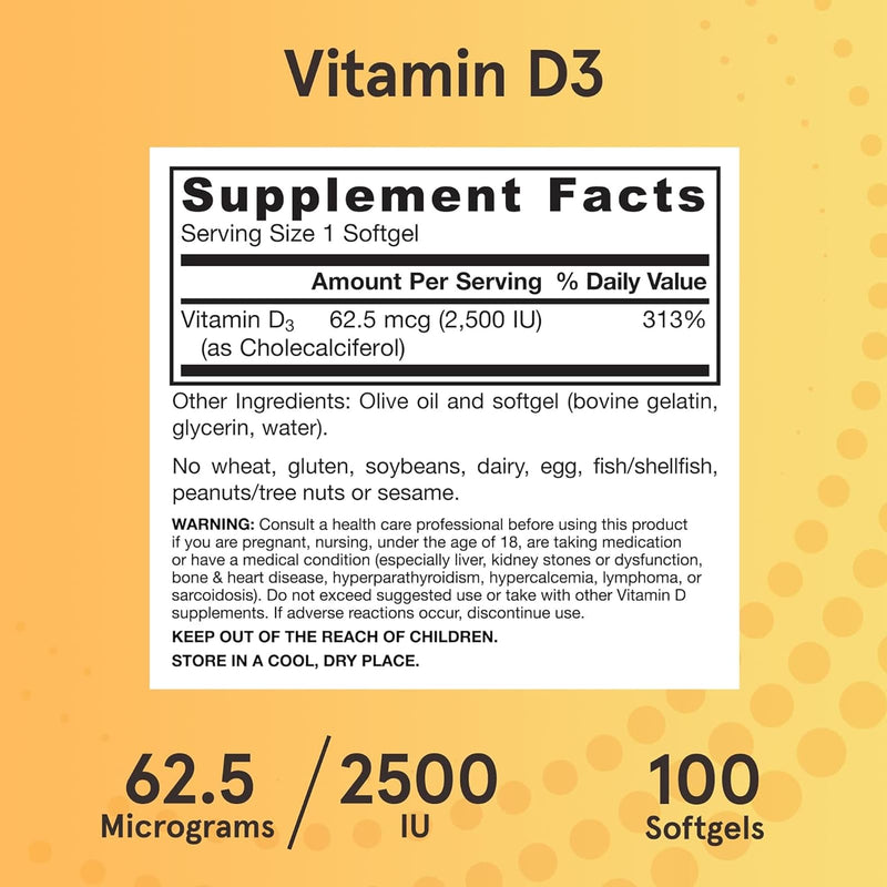 CLEARANCE! Jarrow Formulas Vitamin D3 Cholecalciferol 62.5 mcg (2,500 IU) 100 Softgels, BEST BY 04/2025