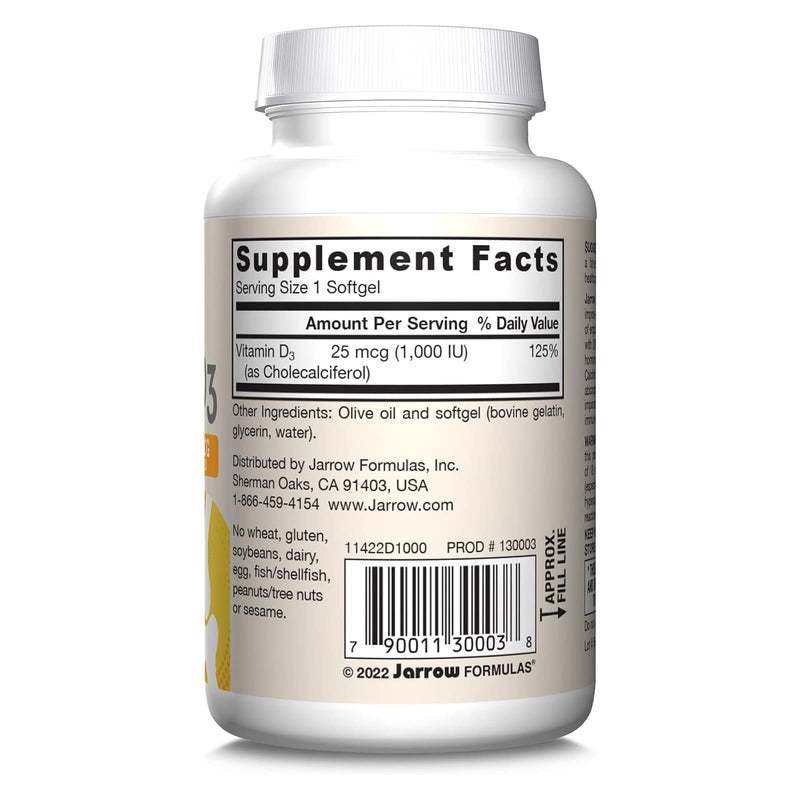 Jarrow Formulas Vitamin D3 Cholecalciferol 25 mcg (1,000 IU) 100 Softgels - DailyVita