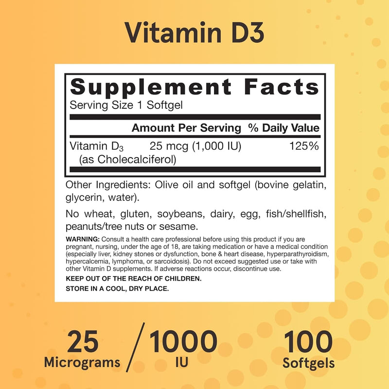 Jarrow Formulas Vitamin D3 Cholecalciferol 25 mcg (1,000 IU) 100 Softgels - DailyVita