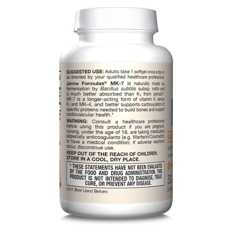 Jarrow Formulas MK-7 Most Active Form of Vitamin K-2 180 mcg 30 Softgels - DailyVita