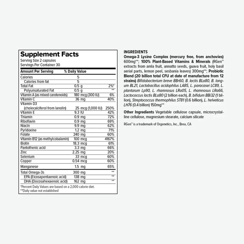 CLEARANCE! Vibrant Health TRILOGY 3-IN-1 (Multivitamin, Omega-3, Probiotic) 60 Capsules, BEST BY 03/2026 - DailyVita