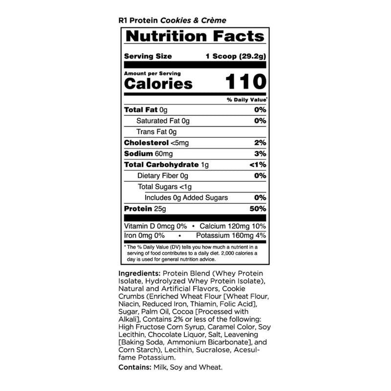 CLEARANCE! R1 Protein 30 Servings Cookies & Creme 1.98 lbs, BEST BY 03/2025