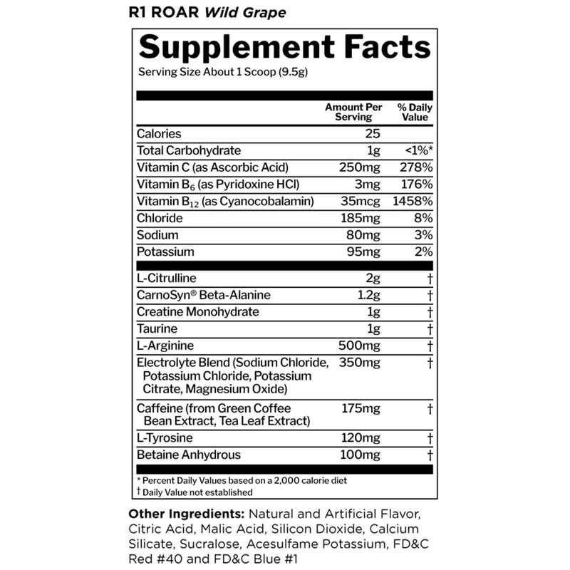 CLEARANCE! R1 Roar Pre Workout 30 Servings Wild Grape 285 g, BEST BY 02/2026 - DailyVita