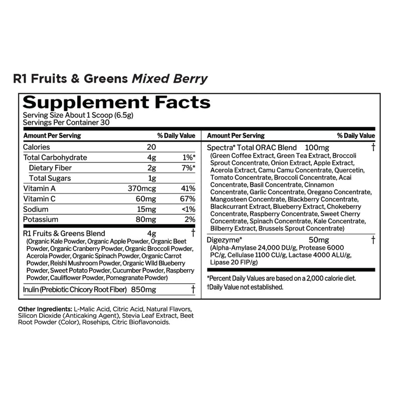 CLEARANCE! R1 Fruits & Greens + Antioxidants 30 Servings Mixed Berry 285 g, BEST BY 03/2026 - DailyVita