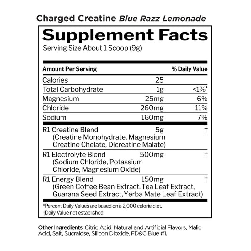 R1 Charged Creatine Energized Creatine 30 Servings Blue Razz Lemonade 270 g - DailyVita