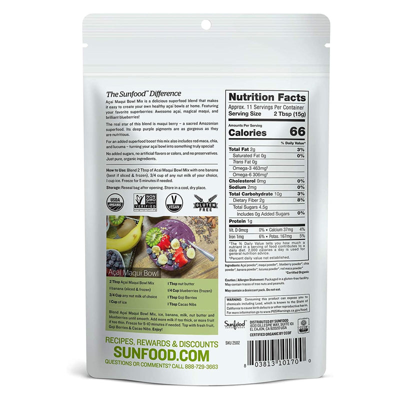 CLEARANCE! Sunfood Acai Maqui Bowl Mix 6 oz, BEST BY 04/2025