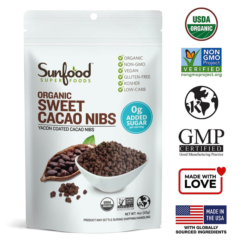 CLEARANCE! Sunfood Cacao Nibs Sweet 4 oz, BEST BY 10/2024