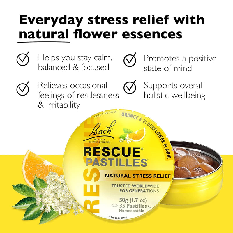 CLEARANCE! Bach RESCUE Pastilles, Natural Stress Relief, Orange & Elderflower Flavor, 50g (1.7 oz), BEST BY 03/2026 - DailyVita