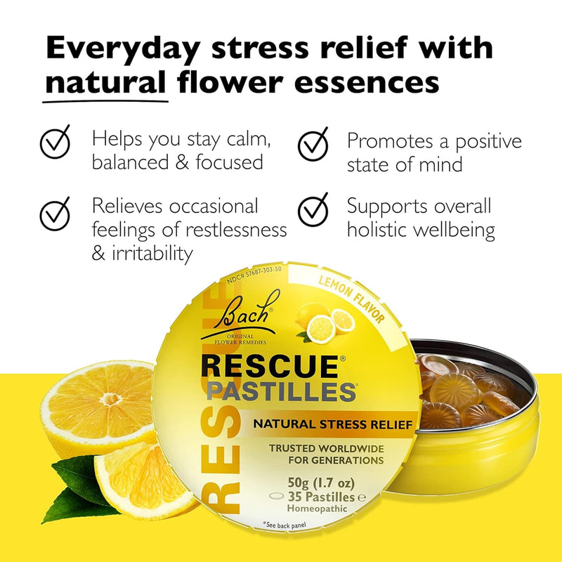 CLEARANCE! Bach RESCUE Pastilles, Natural Stress Relief, Lemon 1.7 oz, BEST BY 12/2025 - DailyVita