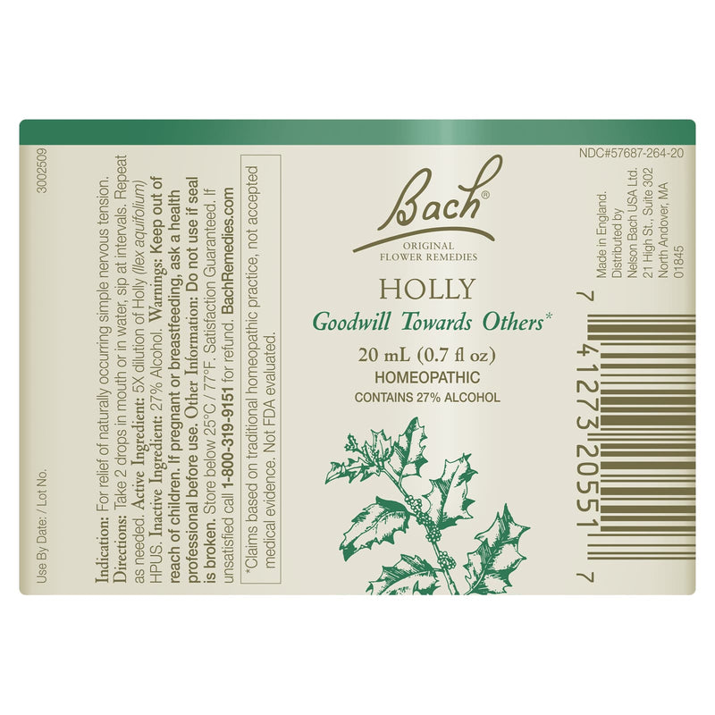 Bach Original Flower Remedies Holly, Goodwill Towards Others 0.7 fl. oz. (20mL)