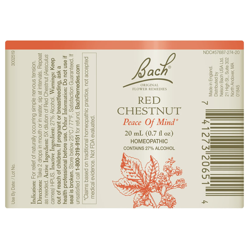 Bach Original Flower Remedies Red Chestnut, Peace of Of Mind 0.7 fl. oz. (20mL)