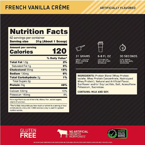 Optimum Nutrition Gold Standard Whey Protein 62 Servings French Vanilla Creme -  4.23 lbs, BEST BY 11/2025 - DailyVita