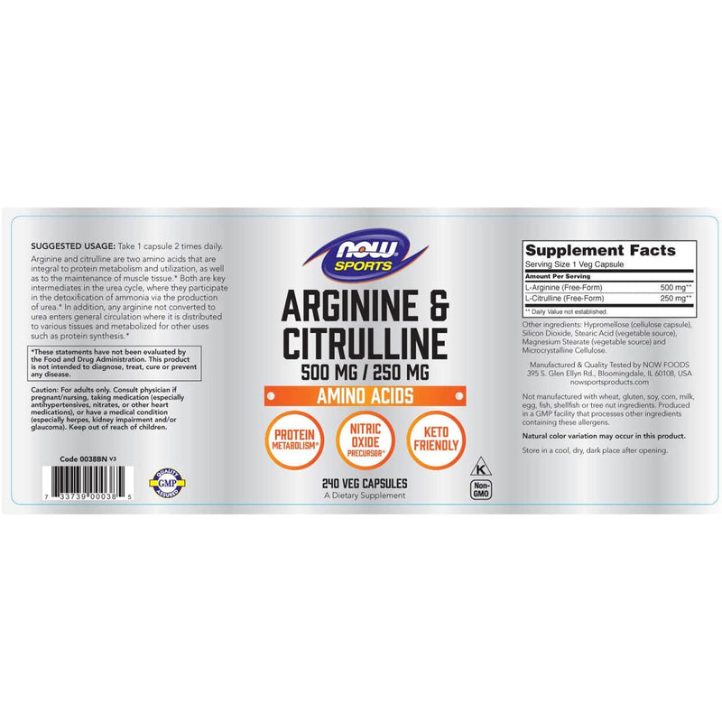 CLEARANCE! NOW Foods Arginine & Citrulline 500 mg / 250 mg 240 Veg Capsules, BEST BY 01/2026 - DailyVita