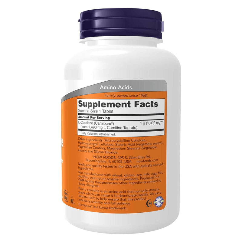 NOW Supplements, L-카르니틴 1,000 mg, 최고 순도, 아미노산, 운동 보조제*, 100정