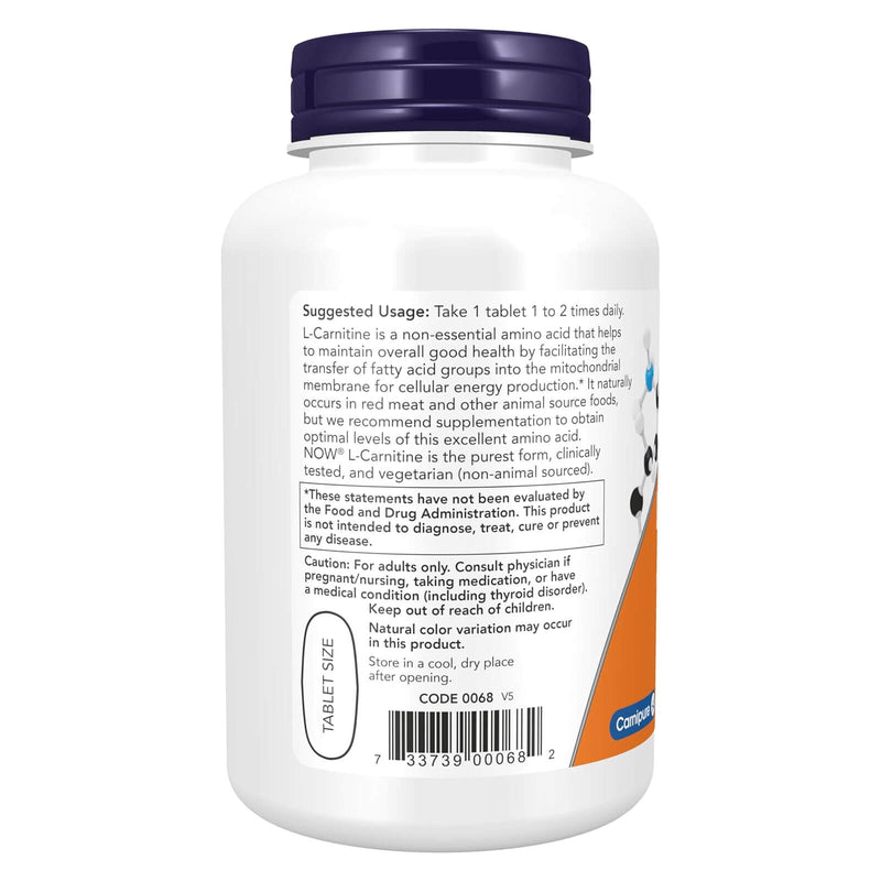 NOW Suplementos, L-Carnitina 1.000 mg, Forma Mais Pura, Aminoácido, Suporte Fitness*, 100 Comprimidos