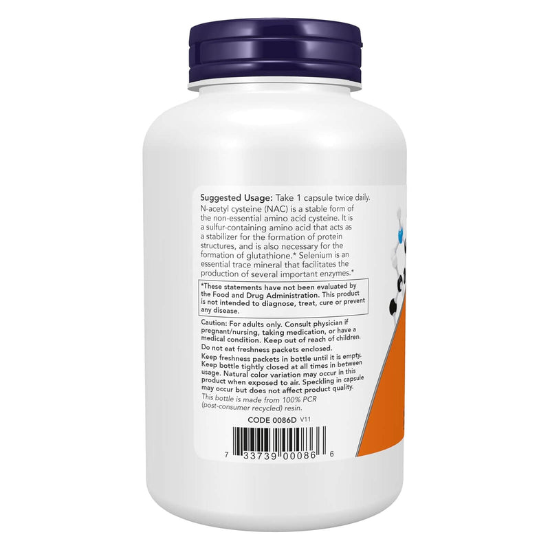 NOW Suplementos, NAC (N-Acetil Cisteína) 600 mg com Selênio e Molibdênio, 250 Cápsulas Veg