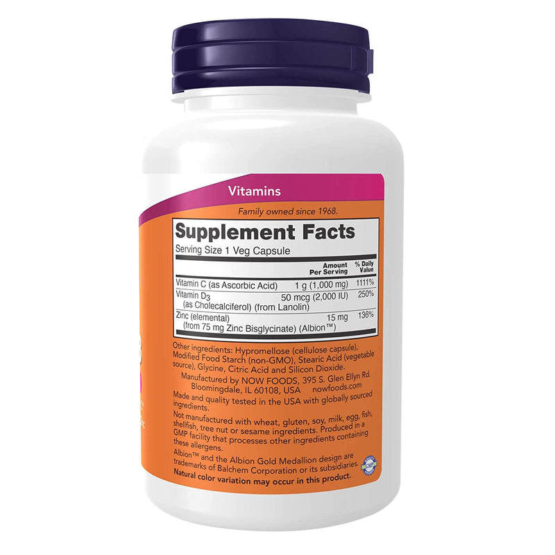 CLEARANCE! Now Foods C-1000 Zinc & D-3 100 Veg Capsules, BEST BY 01/2025