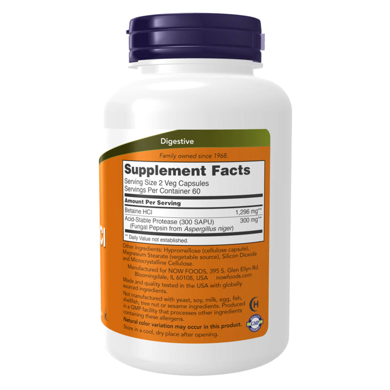 NOW Supplements, Betaine HCl 648 mg, 채식주의자용, 소화 지원*, 120 식물성 캡슐