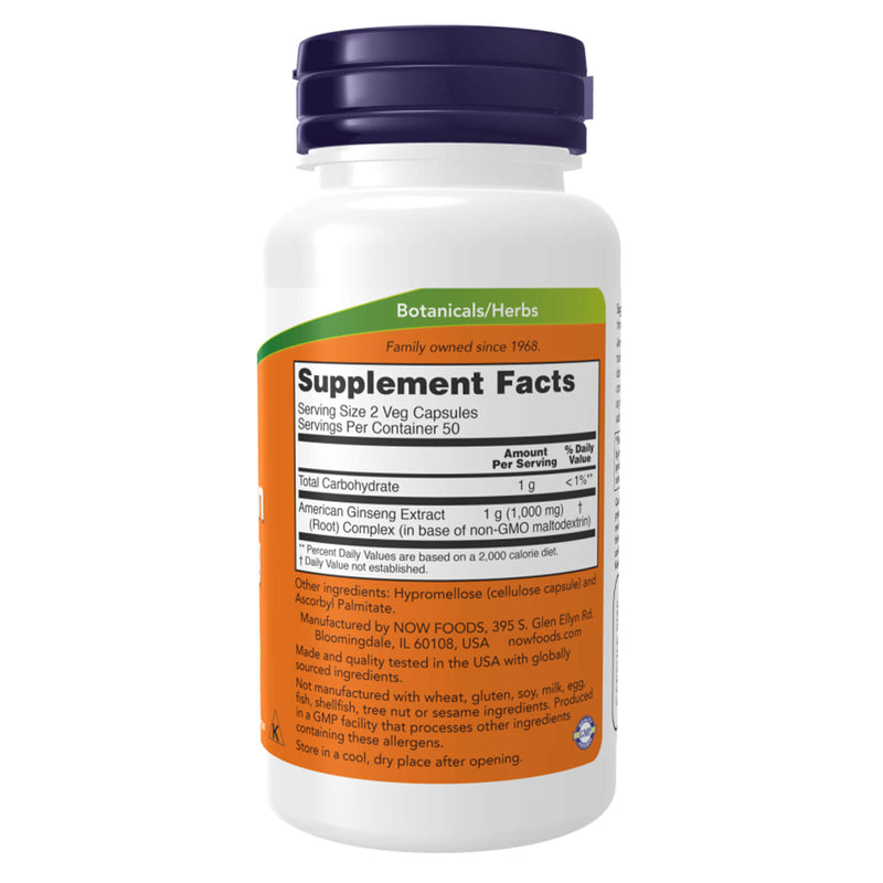 NOW Suplementos, Ginseng Americano (Panax quinquefolius) 500 mg, Suplemento de Ervas, 100 Cápsulas Vegetais