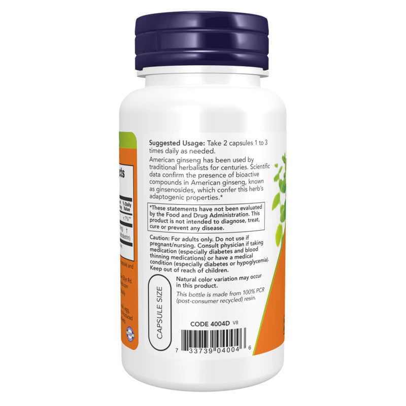 NOW Suplementos, Ginseng Americano (Panax quinquefolius) 500 mg, Suplemento de Ervas, 100 Cápsulas Vegetais