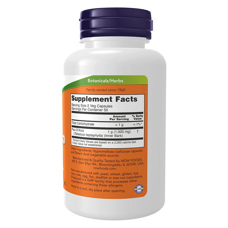 CLEARANCE! NOW Foods Pau D' Arco 500 mg 100 Veg Capsules, BEST BY 01/2025