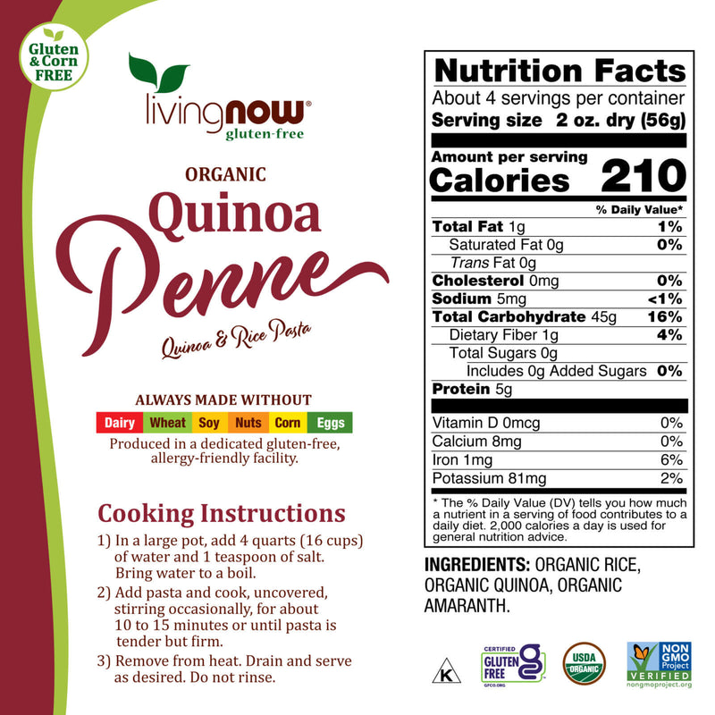 CLEARANCE! NOW Foods Quinoa Penne Organic 8 oz, BEST BY 10/2024