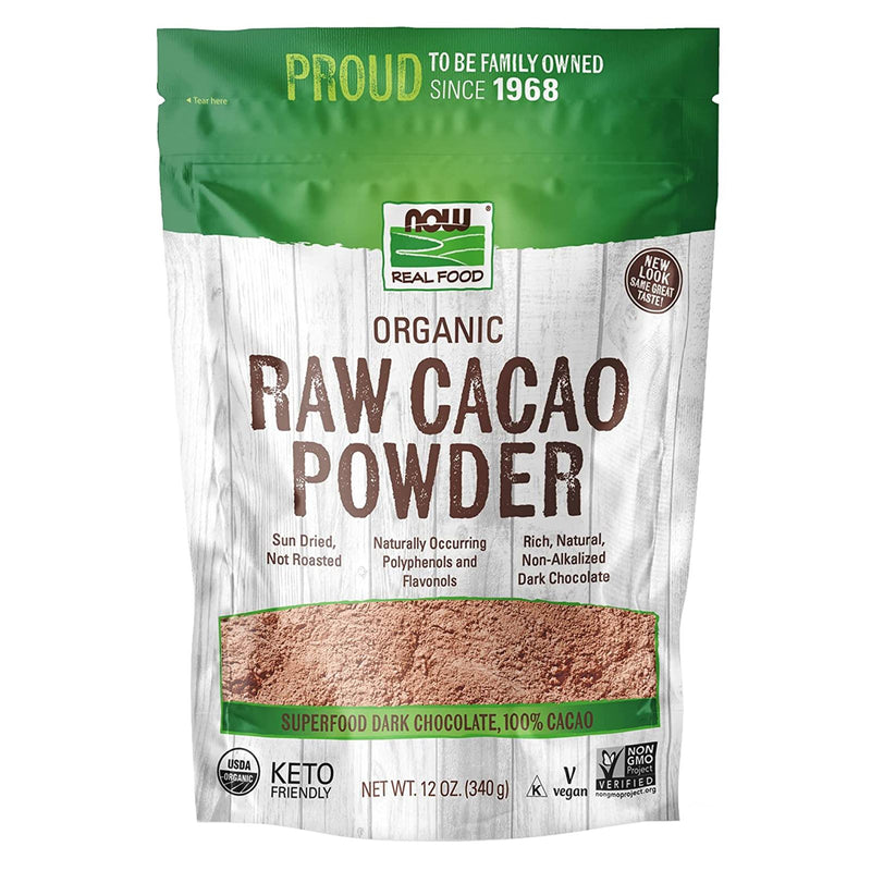 CLEARANCE! NOW Foods Cacao Powder Raw & Organic 12 oz, Stain or Minor Damage