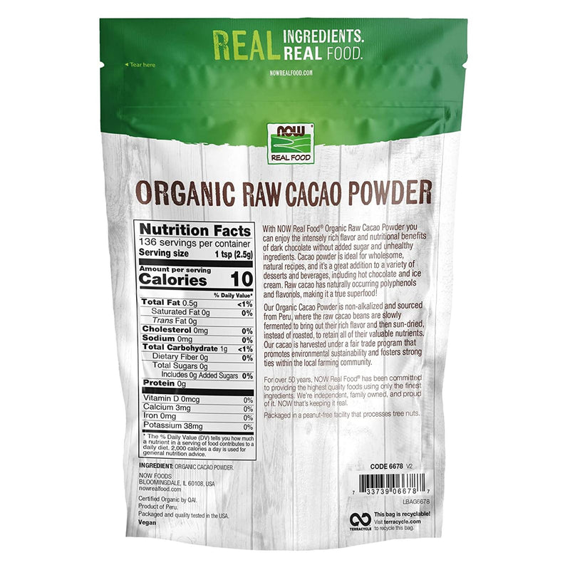 CLEARANCE! NOW Foods Cacao Powder Raw & Organic 12 oz, Stain or Minor Damage