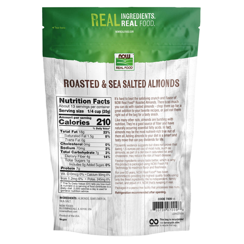 CLEARANCE! NOW Foods Almonds Roasted & Sea Salted 1 lb, BEST BY 10/2024